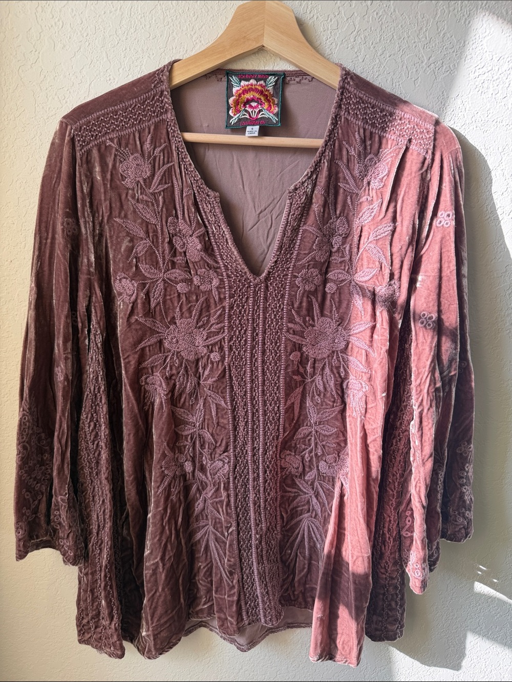 Johnny Was Embroidered Velvet Tunic in Dusty Mauve